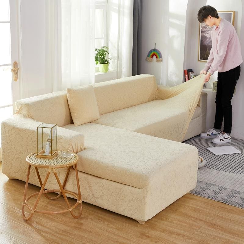 installation housse de canapé d'angle fleur beige