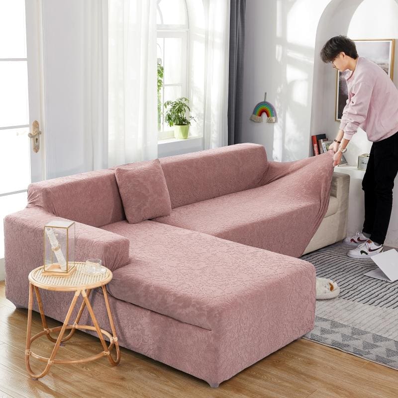 Installation housse de canapé d'angle microfibre fleur rose