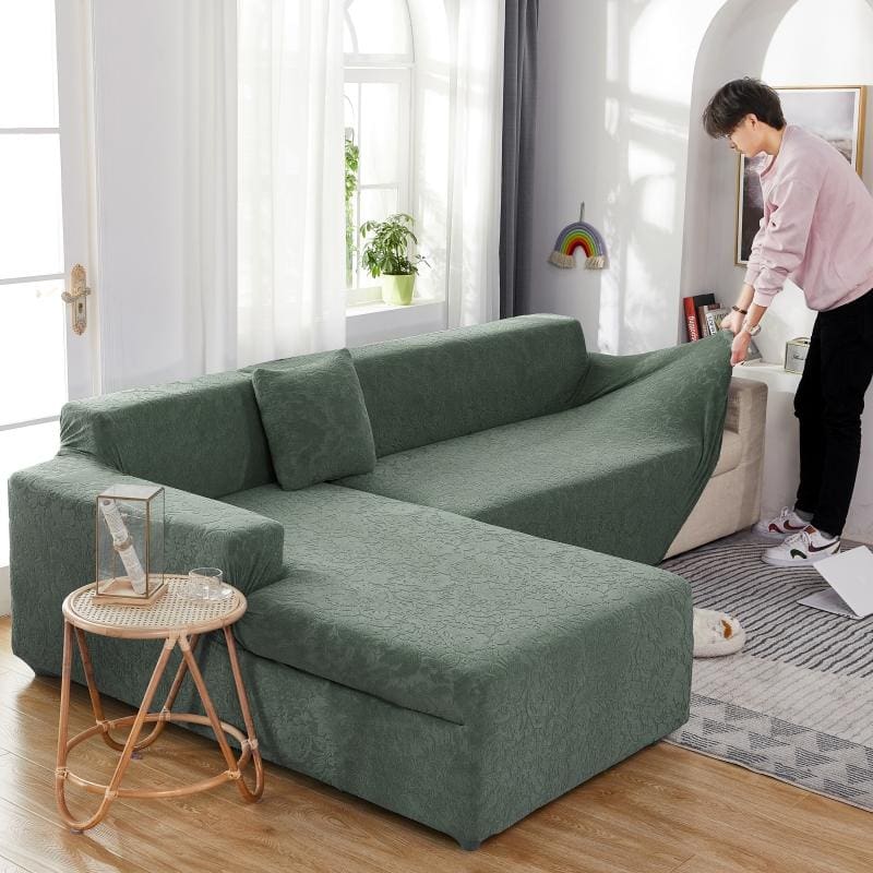 Installation housse de canapé d'angle microfibre vert d'eau